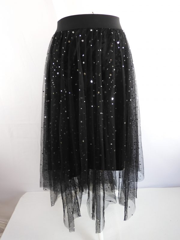 Ashi Studio Black Metallic Stars Tulle Hanky Hem Skirt, Size 6-12