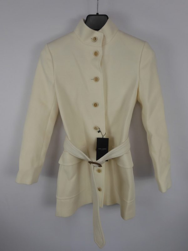 Saint Laurent SS 2021 Size F36  Cream Wool Blend Belted Military Jacket