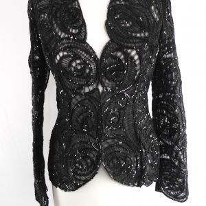 90s Giorgio Armani Black Shirred Tulle Jacket with Sequins, Size 8