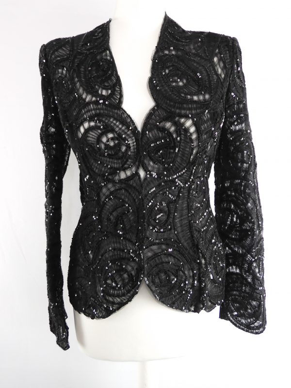 90s Giorgio Armani Black Shirred Tulle Jacket with Sequins, Size 8