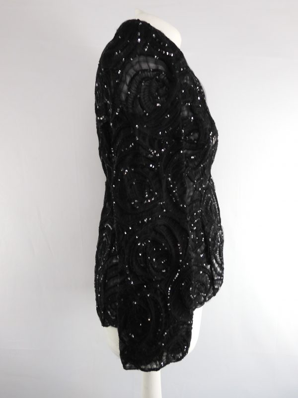 90s Giorgio Armani Black Shirred Tulle Jacket with Sequins, Size 8 - Image 3