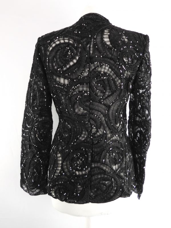 90s Giorgio Armani Black Shirred Tulle Jacket with Sequins, Size 8 - Image 4