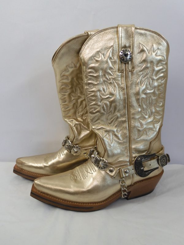 New Arrivals by Ilkyaz Ozel Gold Cowboy Boots, Size 7.