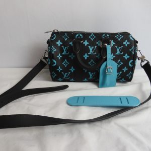 LOUIS VUITTON KEEPALL BANDOULIERE BLACK AND BLUE MONOGRAM COATED CANVAS 25CM