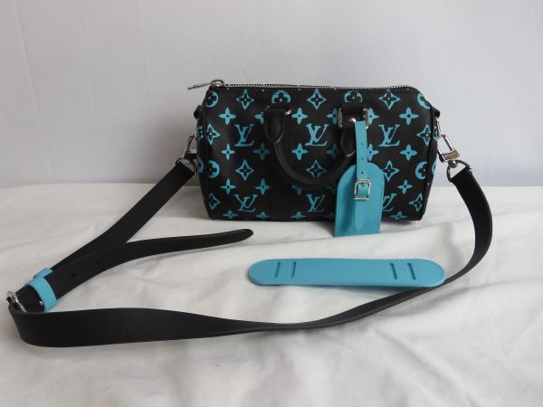 LOUIS VUITTON KEEPALL BANDOULIERE BLACK AND BLUE MONOGRAM COATED CANVAS 25CM
