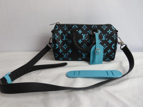 LOUIS VUITTON KEEPALL BANDOULIERE BLACK AND BLUE MONOGRAM COATED CANVAS 25CM - Image 3