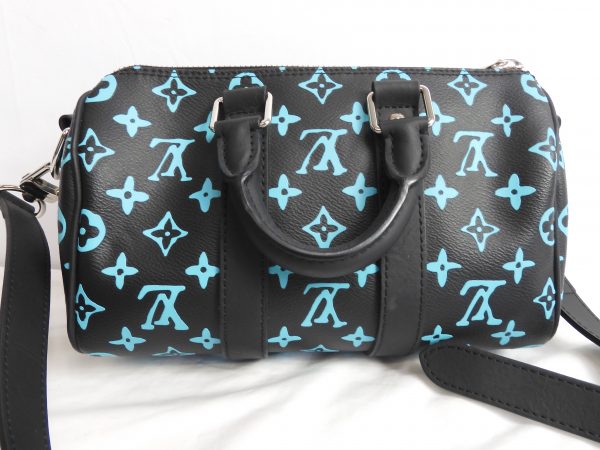 LOUIS VUITTON KEEPALL BANDOULIERE BLACK AND BLUE MONOGRAM COATED CANVAS 25CM - Image 4
