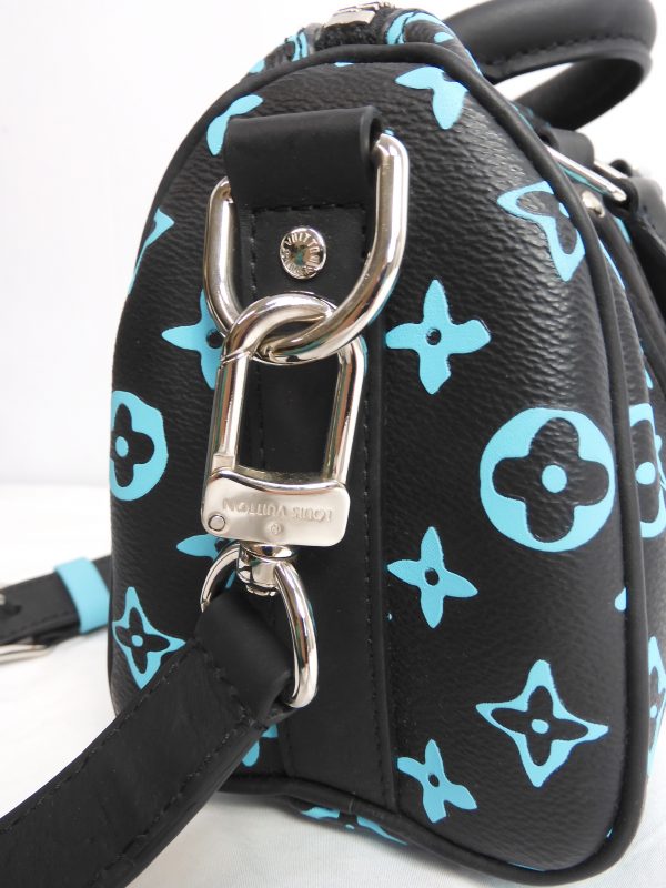 LOUIS VUITTON KEEPALL BANDOULIERE BLACK AND BLUE MONOGRAM COATED CANVAS 25CM - Image 6