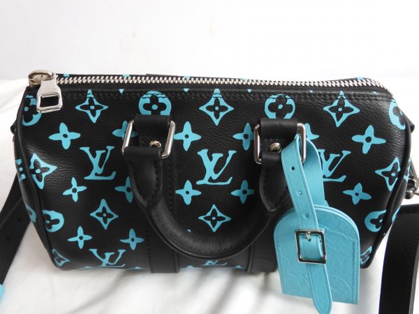 LOUIS VUITTON KEEPALL BANDOULIERE BLACK AND BLUE MONOGRAM COATED CANVAS 25CM - Image 11