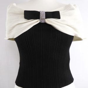 Self - Portrait Bow-Detail Ribbed-Knit Top, Size S.