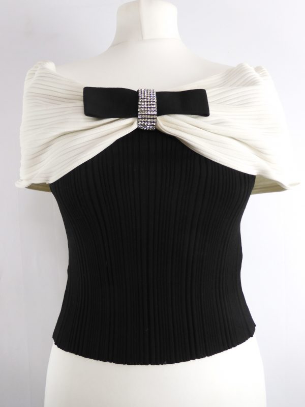 Self - Portrait Bow-Detail Ribbed-Knit Top, Size S.
